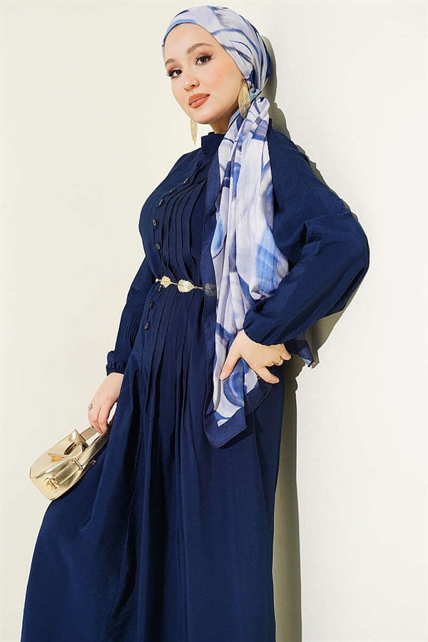 Ribbed Half-Brit Buttoned Dress Navy Blue