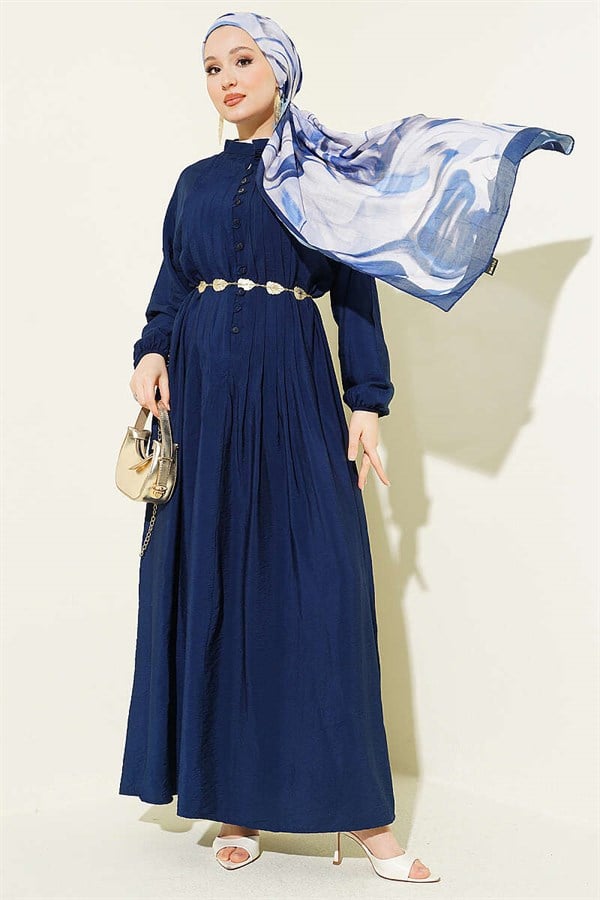 Ribbed Half-Brit Buttoned Dress Navy Blue