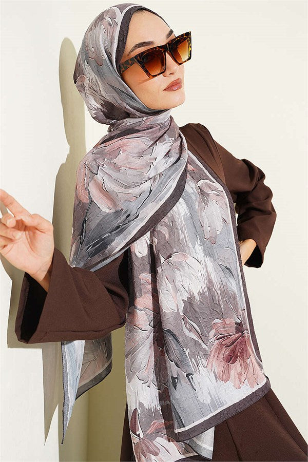 Lotus Patterned Bamboo Kash Shawl Dark Brown