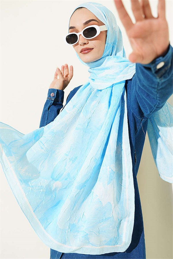 Lotus Patterned Bamboo Crash Scarf Ice Blue