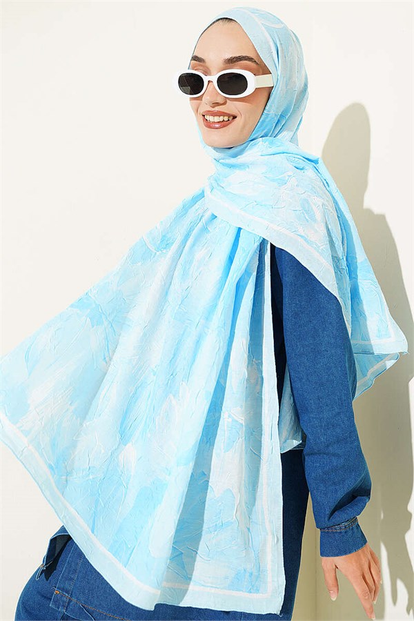 Lotus Patterned Bamboo Crash Scarf Ice Blue