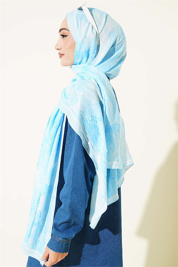 Lotus Patterned Bamboo Crash Scarf Ice Blue