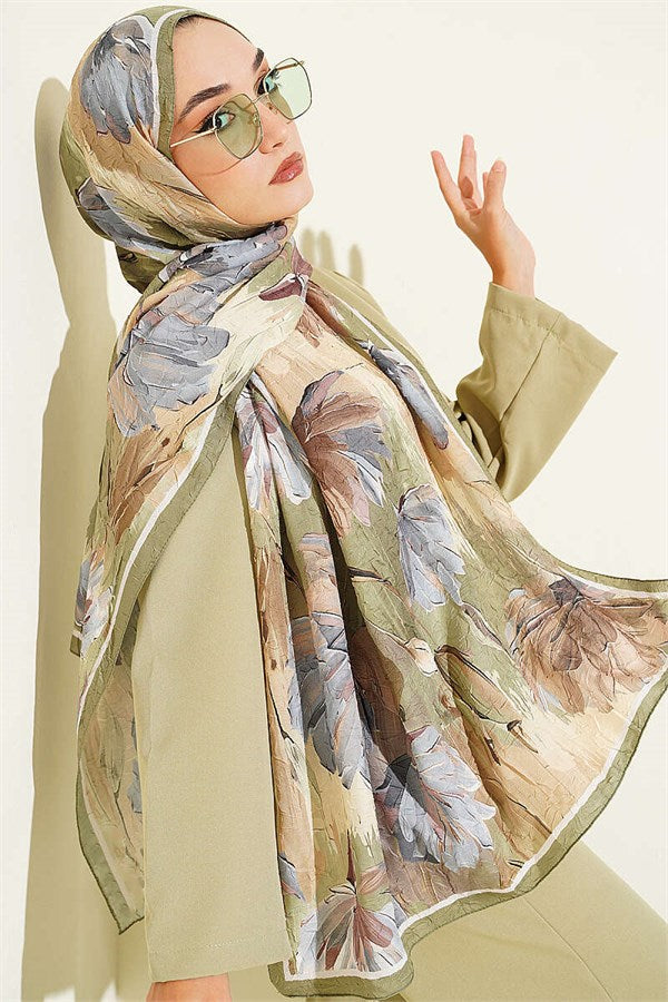 Lotus Patterned Bamboo Kash Shawl Khaki