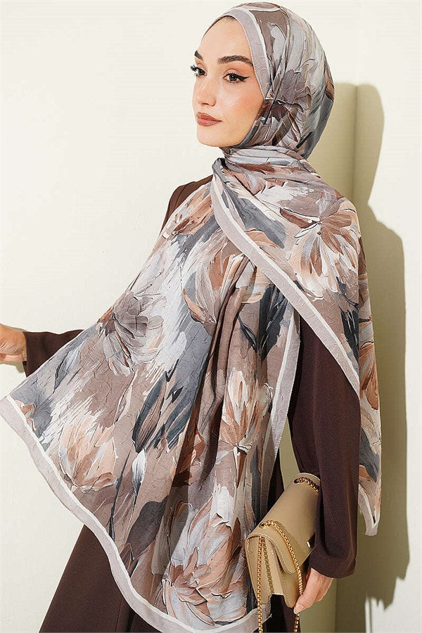 Lotus Patterned Bamboo Crash Shawl, Sand Beige