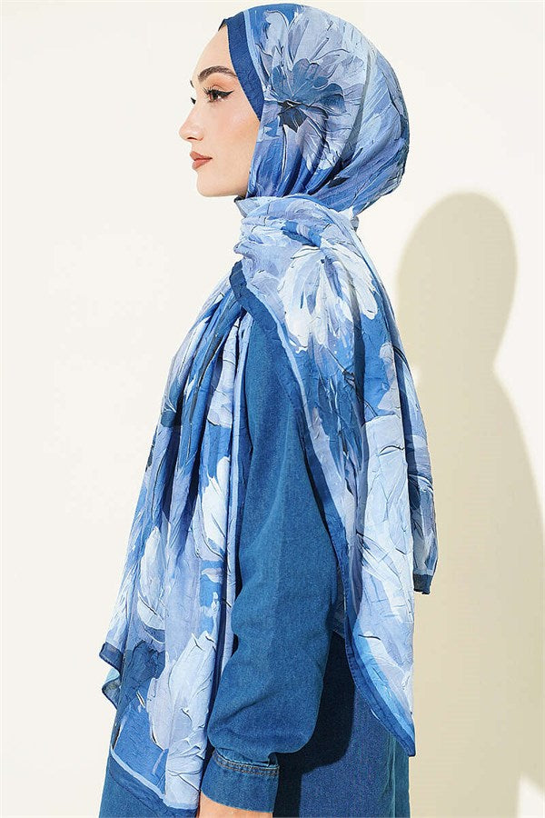 Lotus Patterned Bamboo Scarf Navy Blue