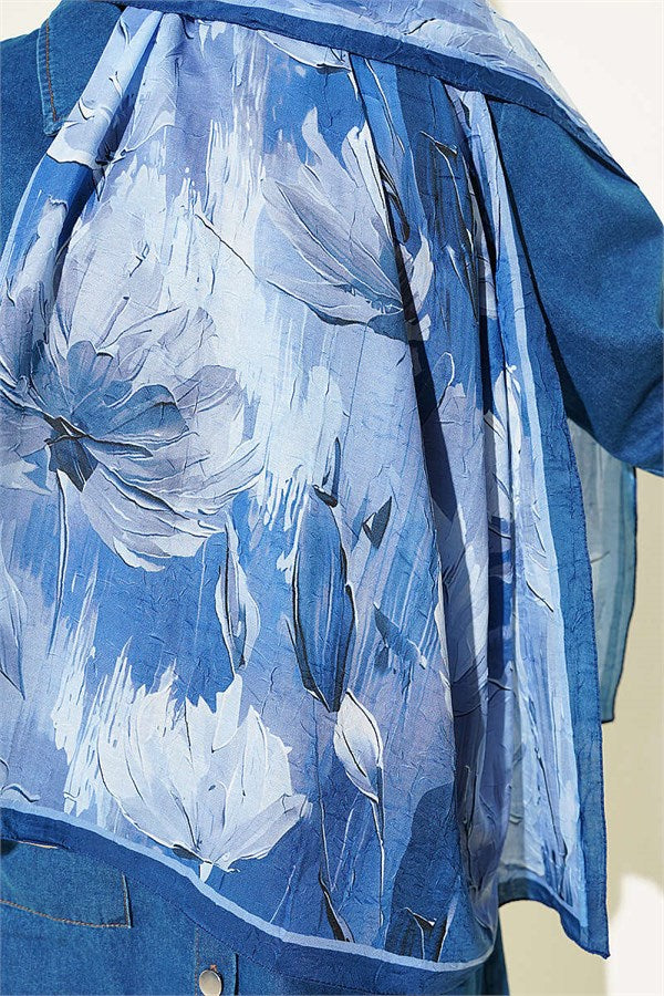 Lotus Patterned Bamboo Scarf Navy Blue