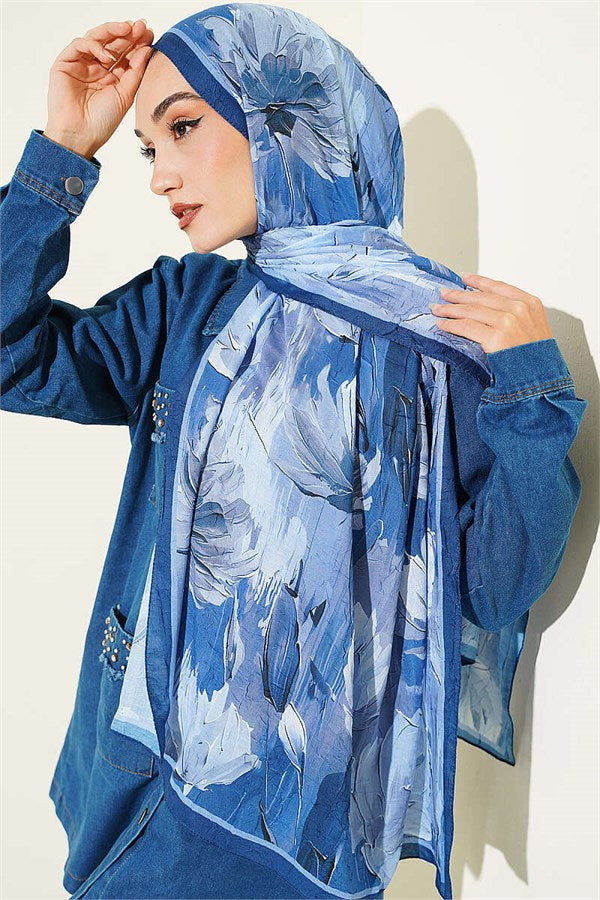 Lotus Patterned Bamboo Scarf Navy Blue
