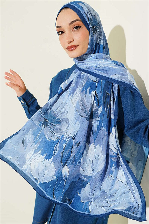 Lotus Patterned Bamboo Scarf Navy Blue