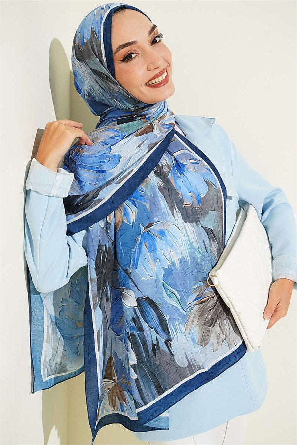 Lotus Patterned Bamboo Scarf Navy Blue