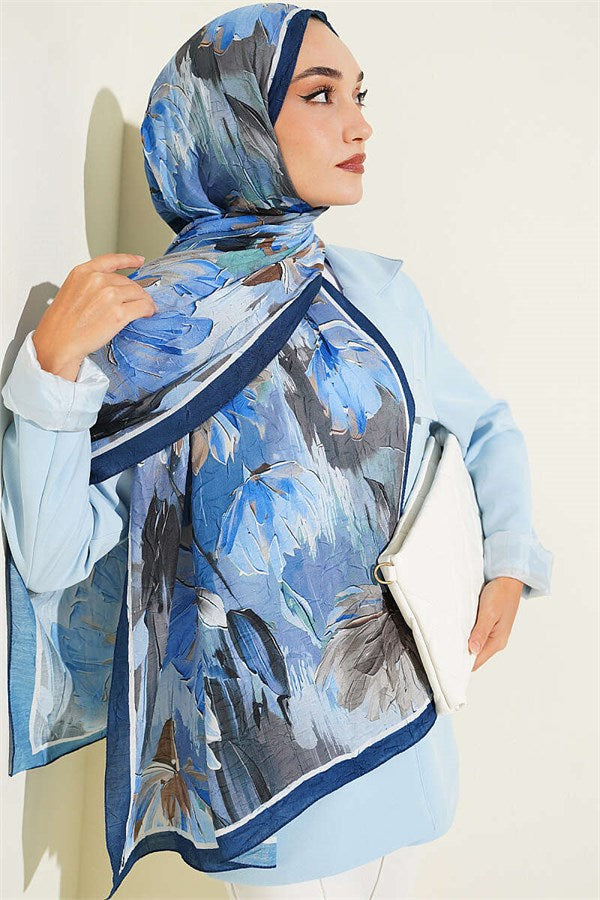 Lotus Patterned Bamboo Scarf Navy Blue