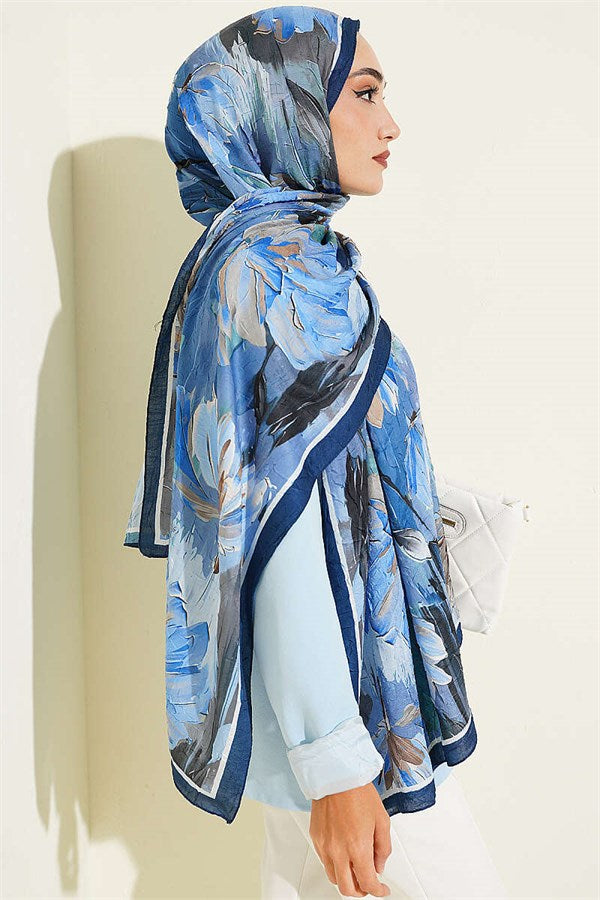 Lotus Patterned Bamboo Scarf Navy Blue