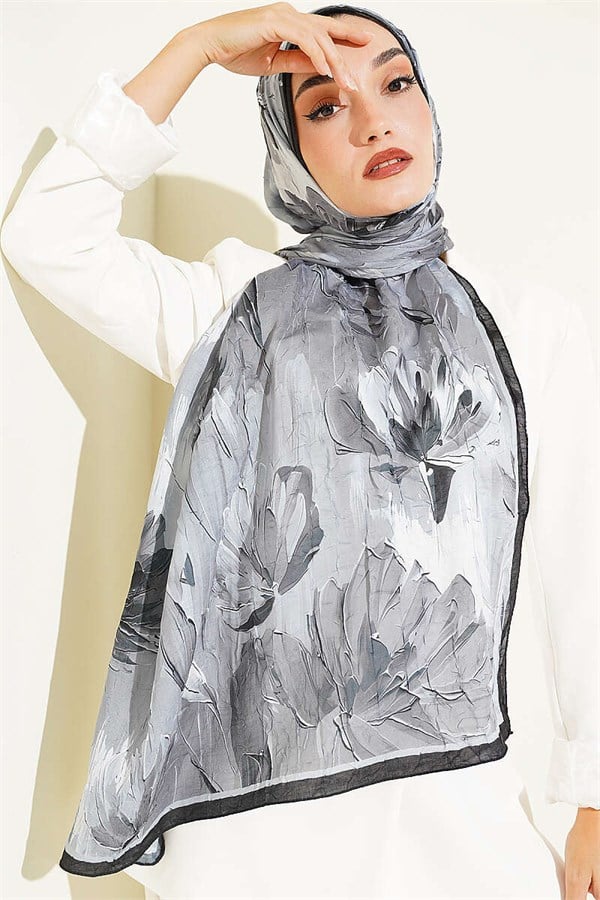 Lotus Patterned Bamboo Kash Scarf Black