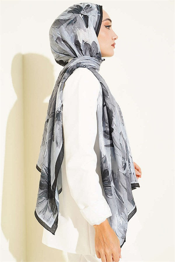 Lotus Patterned Bamboo Kash Scarf Black