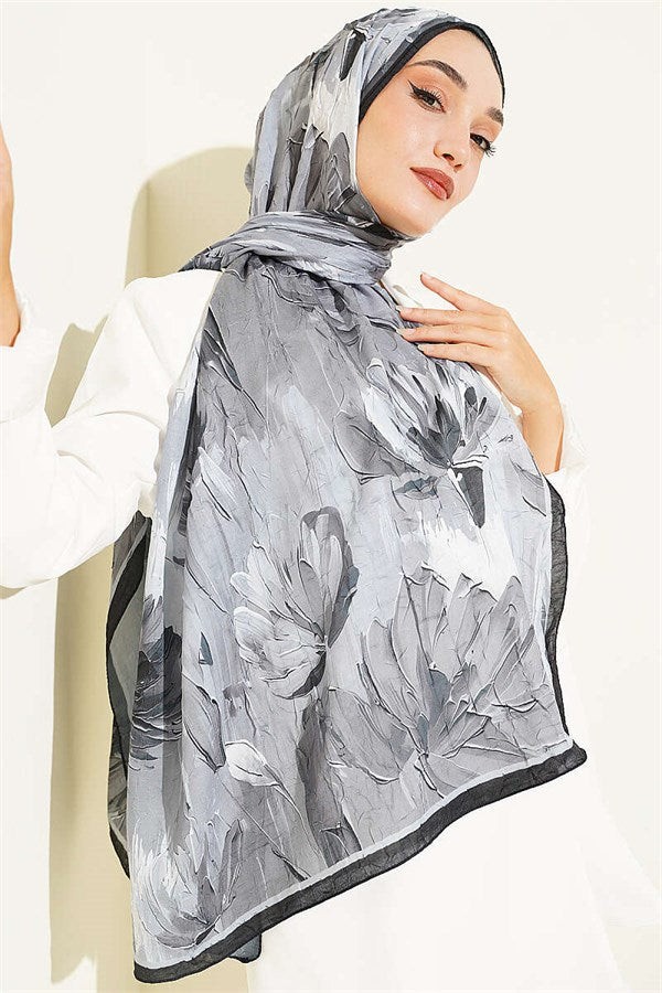 Lotus Patterned Bamboo Kash Scarf Black