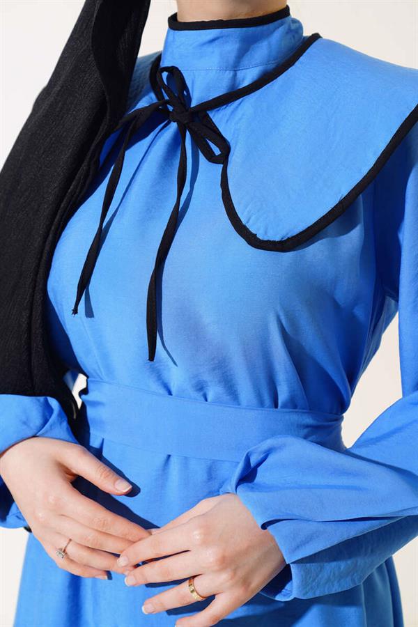 Nostalgic Collar Belted Dress Blue