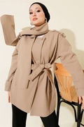 Beige Cashmere Coat with Shoulder Epaulets and Scarf