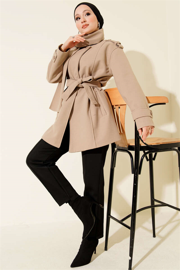 Beige Cashmere Coat with Shoulder Epaulets and Scarf