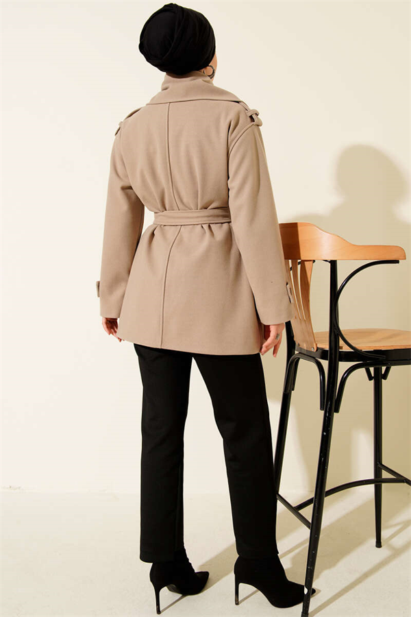Beige Cashmere Coat with Shoulder Epaulets and Scarf