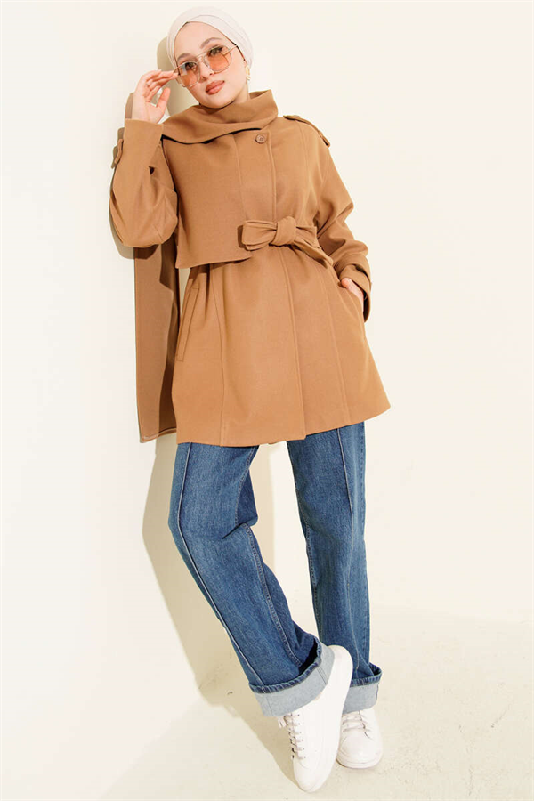 Shoulder Epaulette Scarfed Cashmere Coat Latte