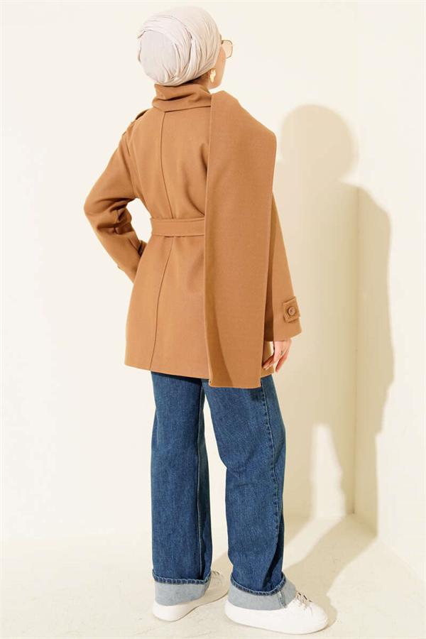 Shoulder Epaulette Scarfed Cashmere Coat Latte