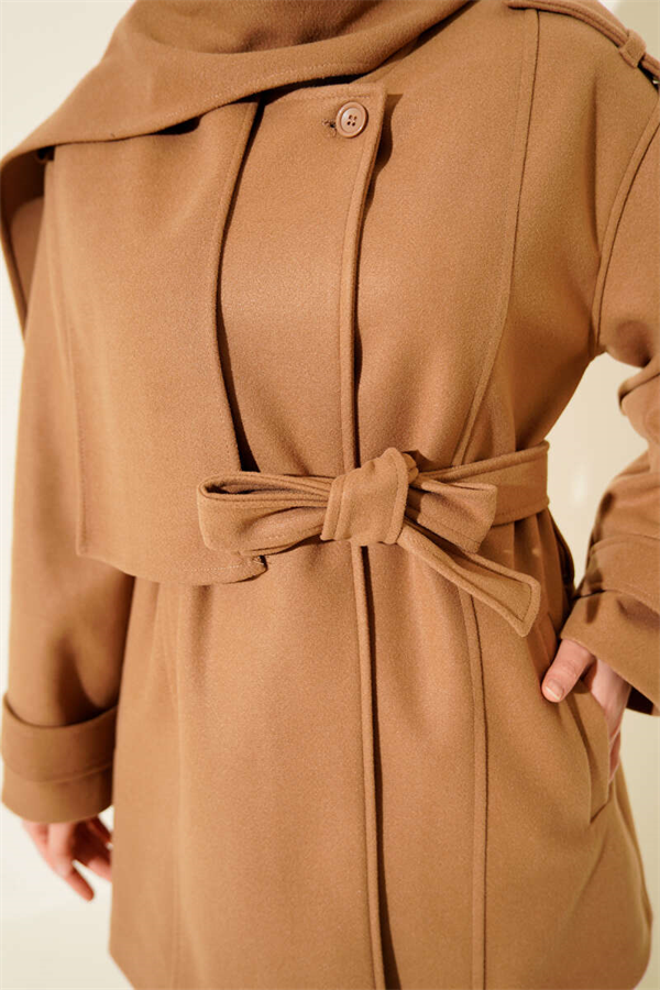 Shoulder Epaulette Scarfed Cashmere Coat Latte