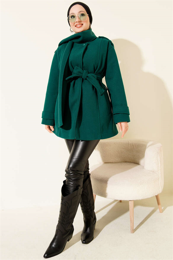 Emerald Green Cashmere Coat with Shoulder Epaulets and Scarf