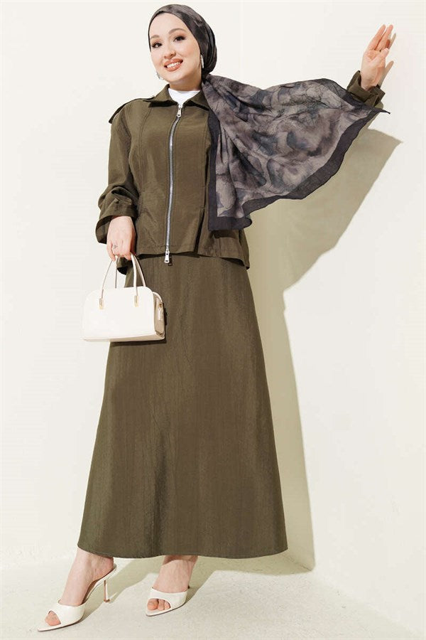 Khaki Skirt Suit with Shoulder Epaulets and Waist Darts