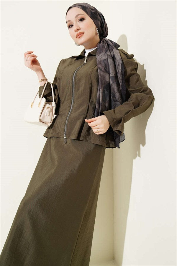 Khaki Skirt Suit with Shoulder Epaulets and Waist Darts