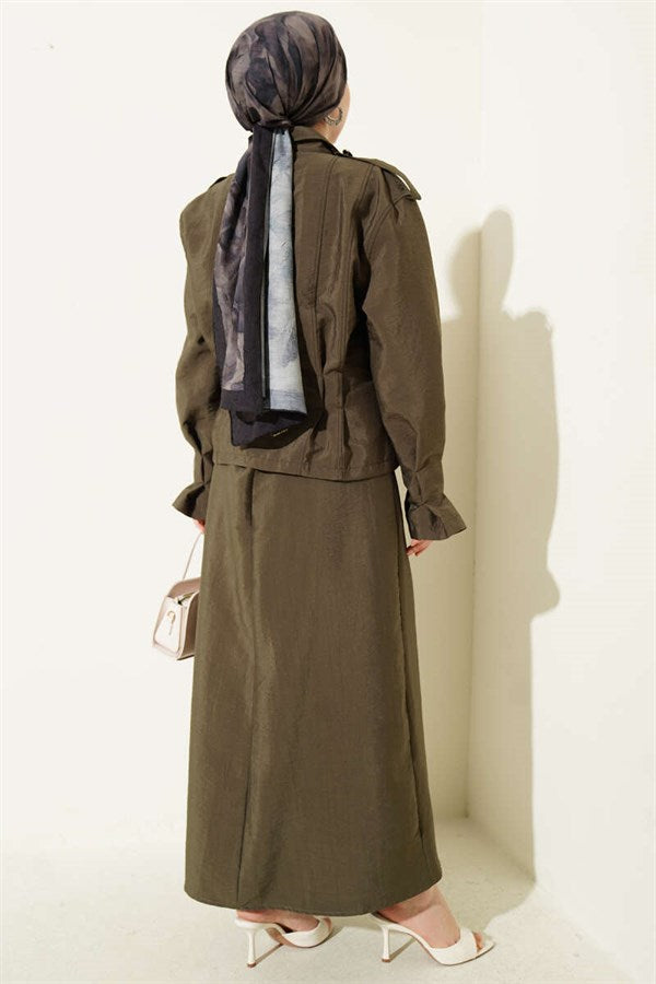 Khaki Skirt Suit with Shoulder Epaulets and Waist Darts