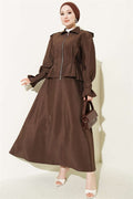 Shoulder Epaulette, Waist Dart Skirt Set, Coffee Brown
