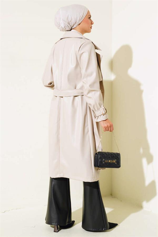 Leather Trench Coat with Shoulder Epaulets Beige