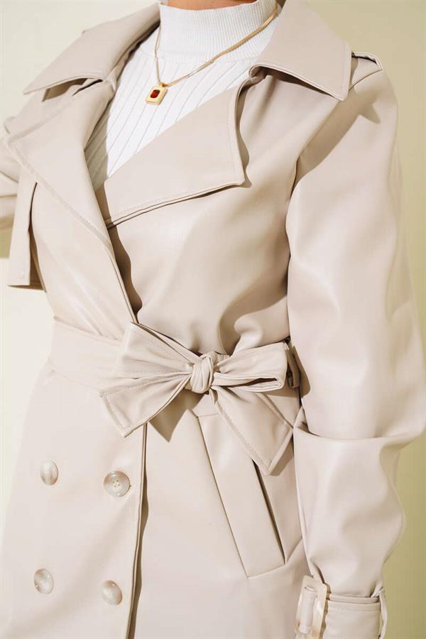Leather Trench Coat with Shoulder Epaulets Beige