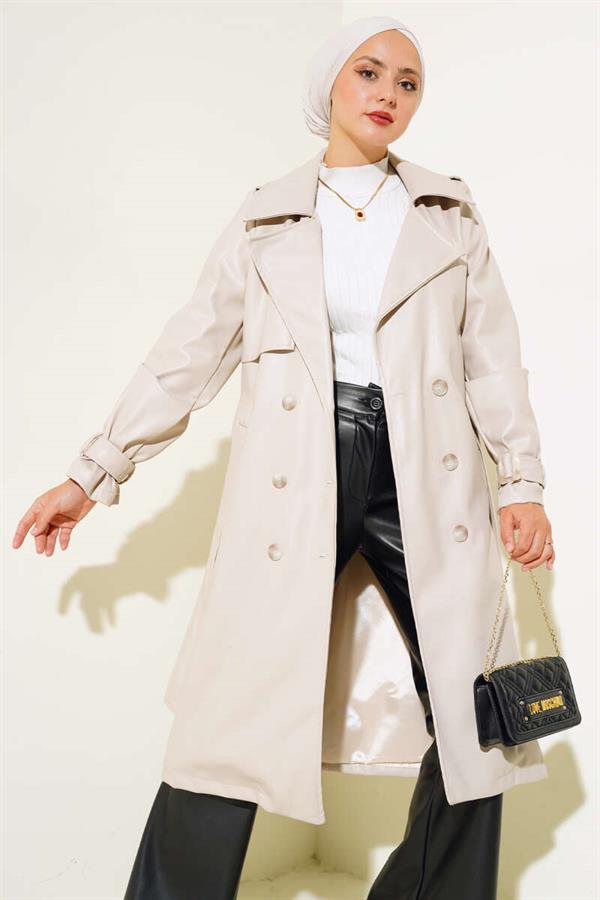 Leather Trench Coat with Shoulder Epaulets Beige
