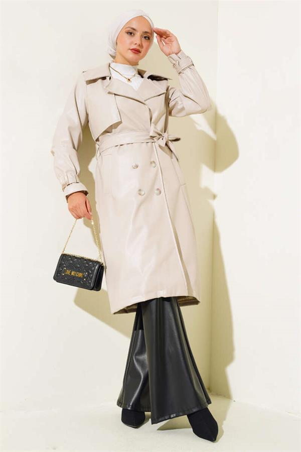 Leather Trench Coat with Shoulder Epaulets Beige