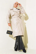 Leather Trench Coat with Shoulder Epaulets Beige