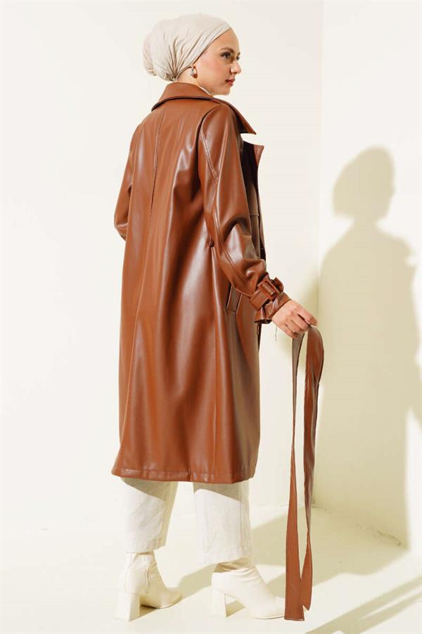 Leather Trench Coat with Shoulder Epaulets, Tan