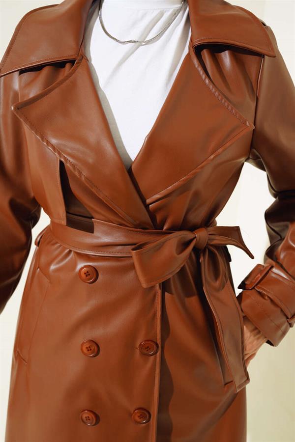 Leather Trench Coat with Shoulder Epaulets, Tan
