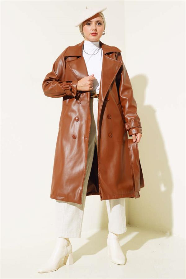 Leather Trench Coat with Shoulder Epaulets, Tan