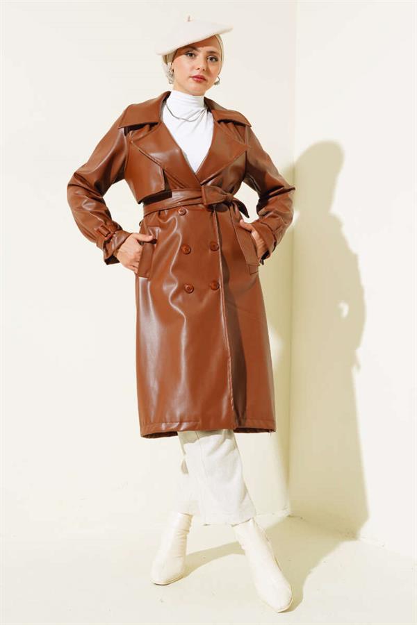 Leather Trench Coat with Shoulder Epaulets, Tan