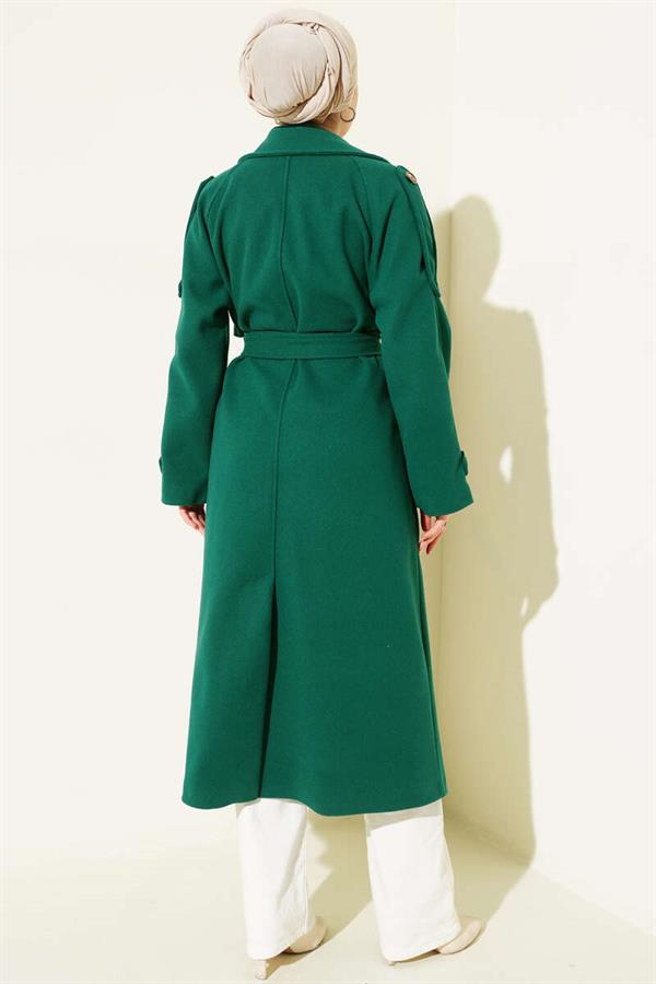 Emerald Green Cashmere Coat with Shoulder Epaulette and Button Detail