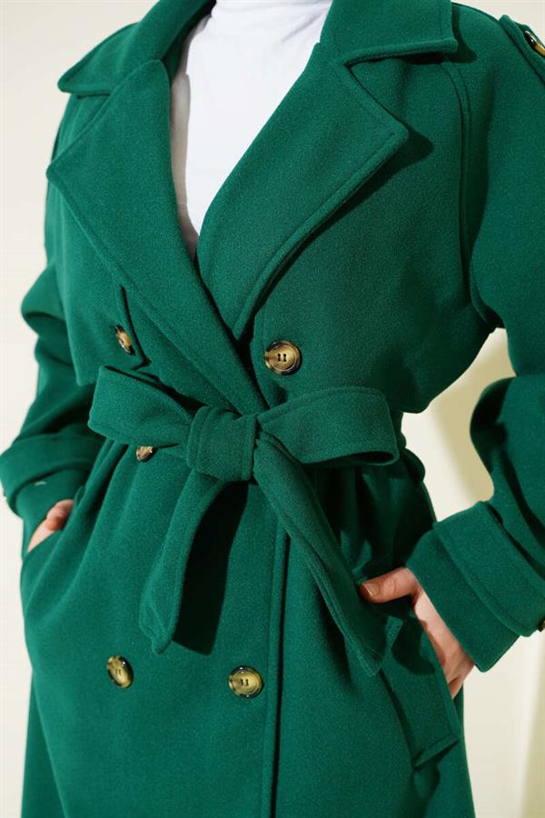 Emerald Green Cashmere Coat with Shoulder Epaulette and Button Detail