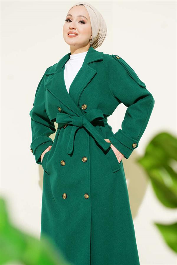 Emerald Green Cashmere Coat with Shoulder Epaulette and Button Detail