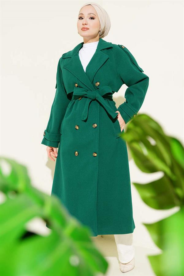 Emerald Green Cashmere Coat with Shoulder Epaulette and Button Detail