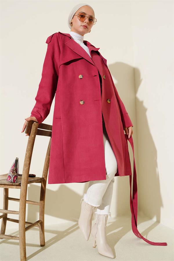 Shoulder Epaulette Button Detailed Trench Coat Burgundy