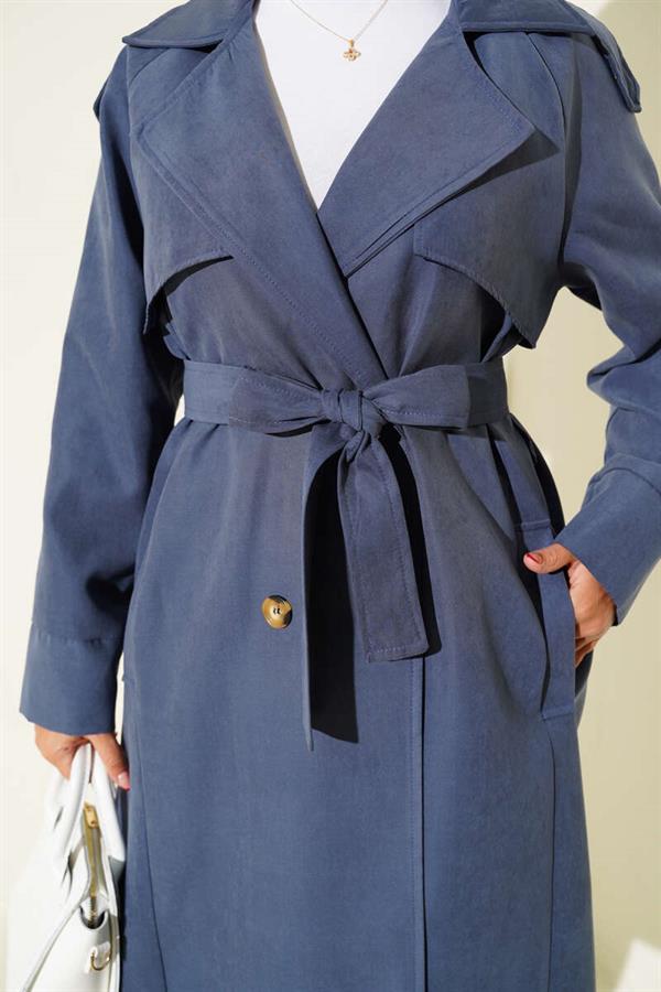 Indigo Trench Coat with Shoulder Epaulets and Button Details