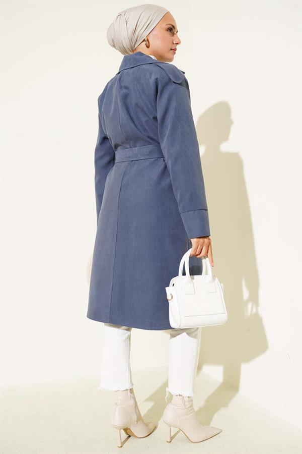 Indigo Trench Coat with Shoulder Epaulets and Button Details
