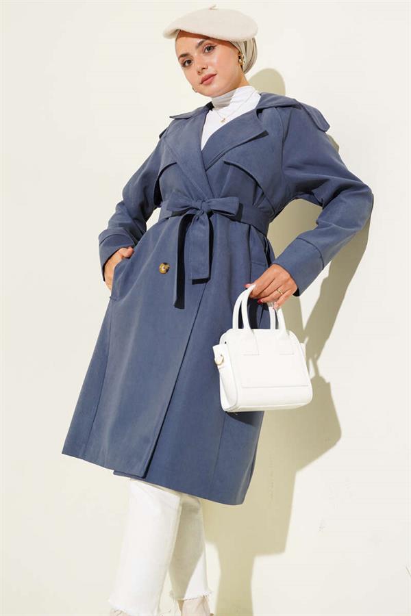 Indigo Trench Coat with Shoulder Epaulets and Button Details