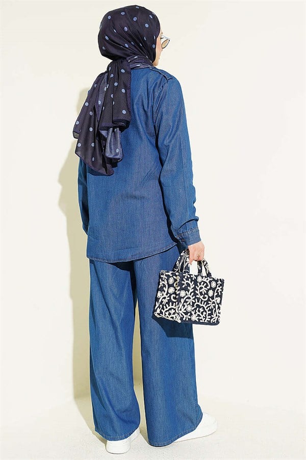 Denim 2 Piece Set with Shoulder Epaulets and Concealed Buttons, Blue