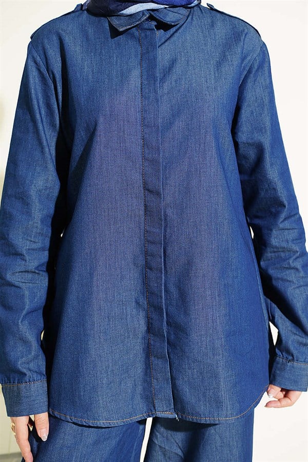 Dark Blue Denim 2 Piece Set with Shoulder Epaulets and Concealed Button Closure