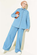 Light Blue Denim 2 Piece Set with Shoulder Epaulets and Concealed Button Closure.
